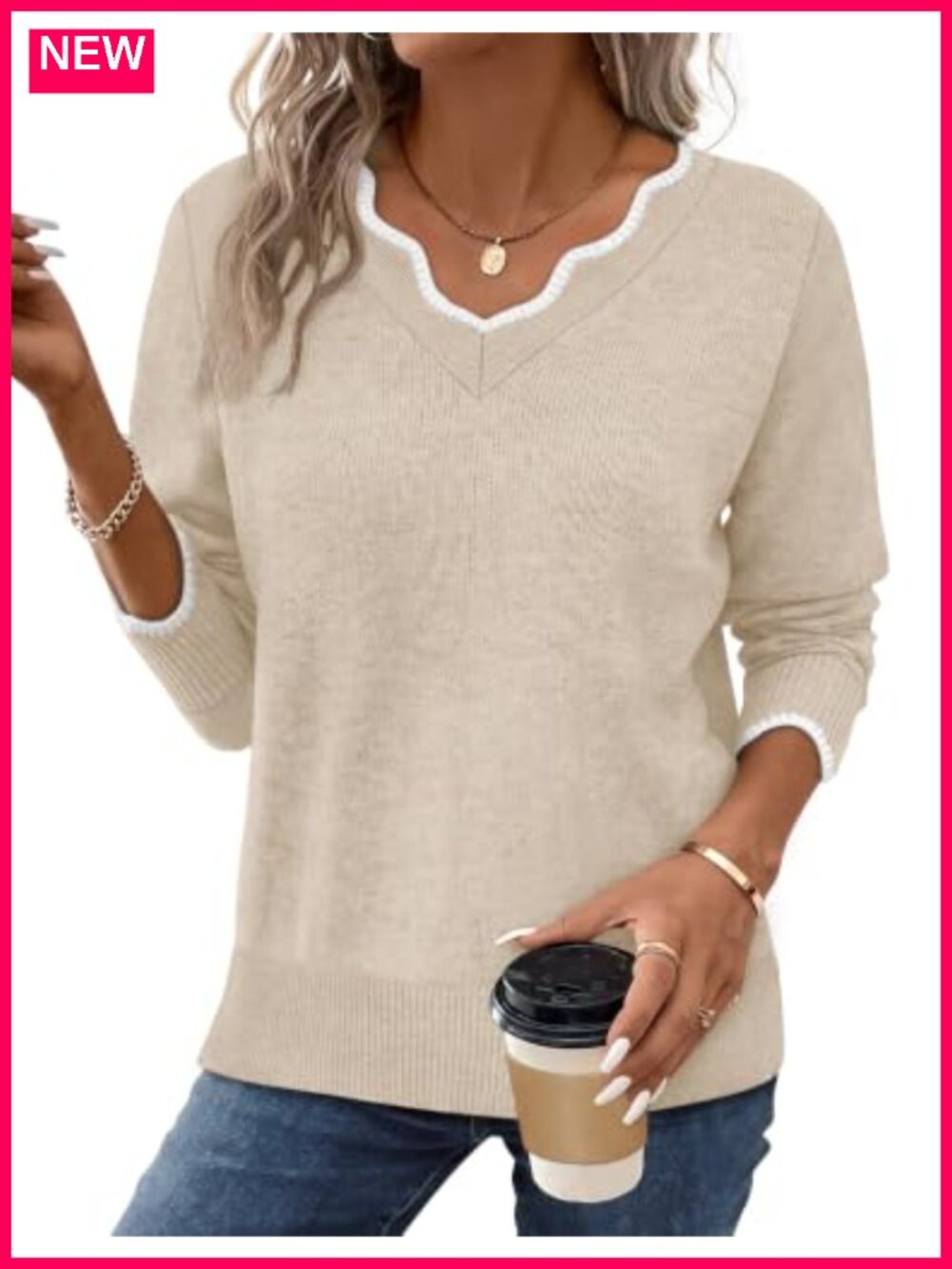Womens V Neck Pullover Sweater Cozy Lightweight Long Sleeve Fall Winter Top